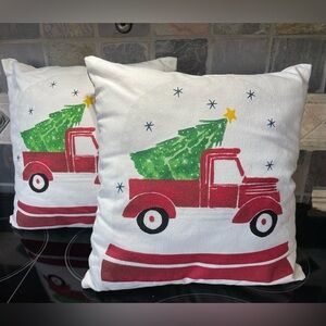 Festive Red Truck/Tree holiday Pillow Set 12” x 12” double sided design new